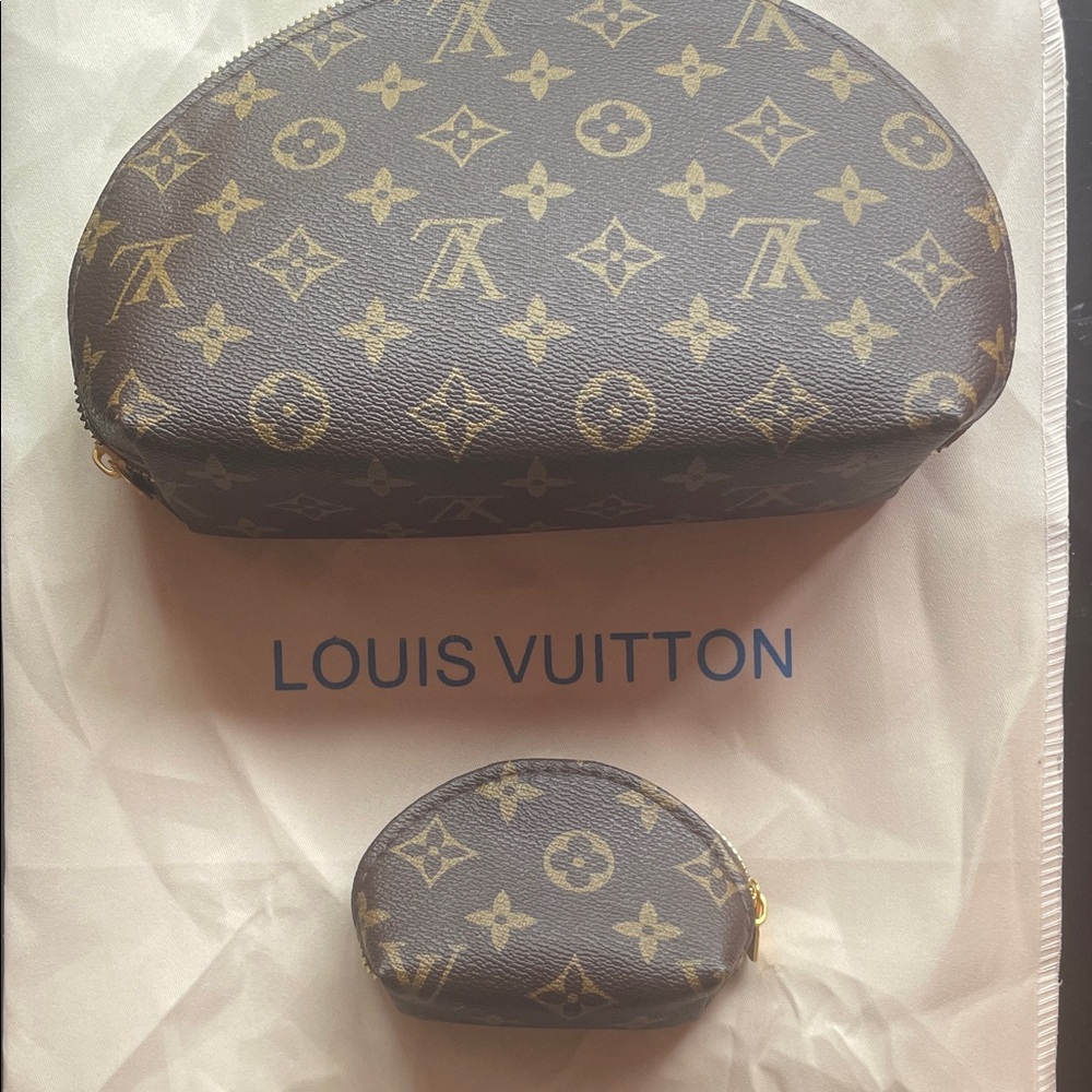 LV STYLE Monogram Canvas Cosmetic Pouch Duo in Brown & Gold